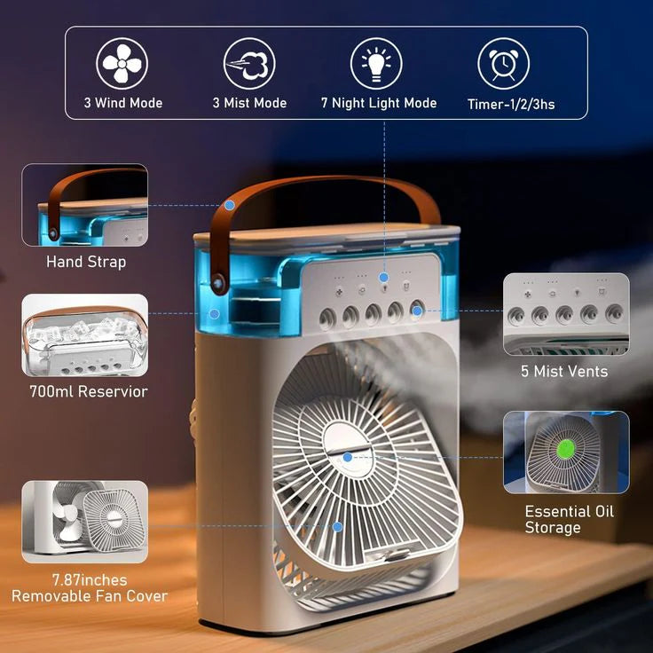 4-in-1 Portable Mini AC Cooler with LED Light, USB-Powered Fan for Home & Travel